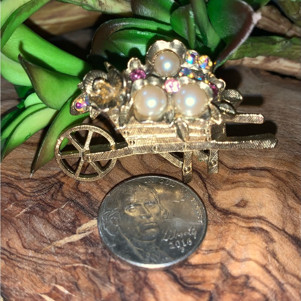 1928 Brand Vintage Brooch Purple Rhinestone Wheelbarrow Faux Pearls